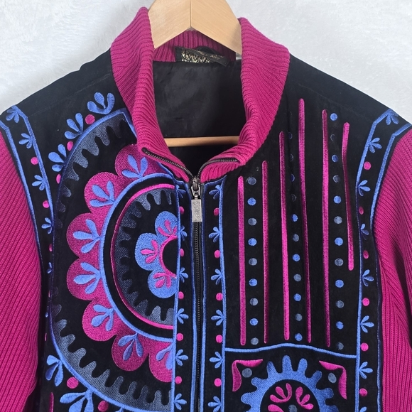 Bob Mackie Leather Wearable Art Embroidered Abstract Zip Jacket Ribbed Sleeve 1X - Picture 3 of 13